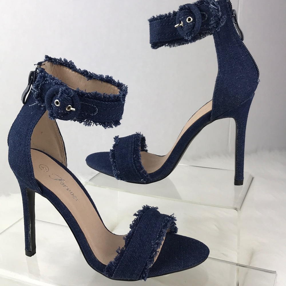 Dark Blue Distressed Denim Stiletto Heels. - Picture 2 of 8